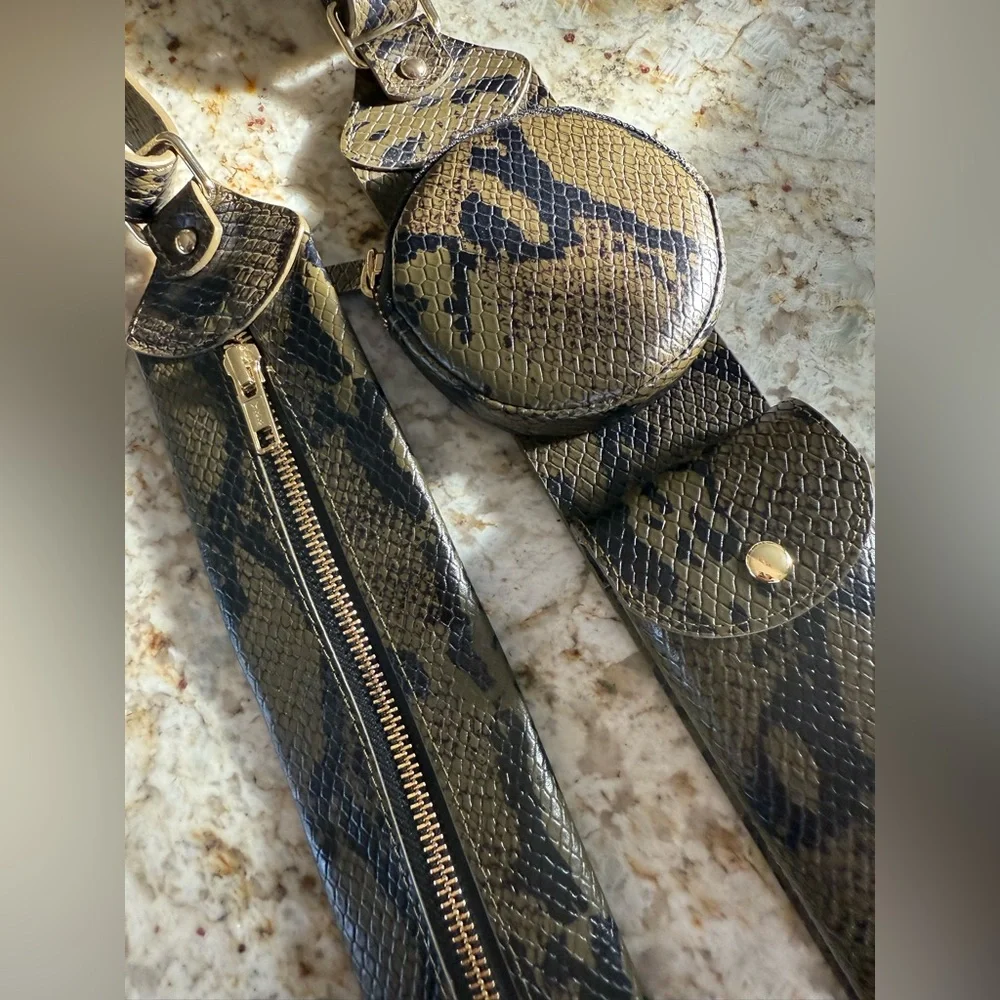 BANDOLIER “Jayden” Leather Utility Strap in Brown Snake and Gold, Like New